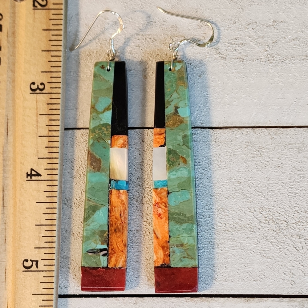 Native American Multi Stone Inlay Drop Earrings - Picture 12 of 15